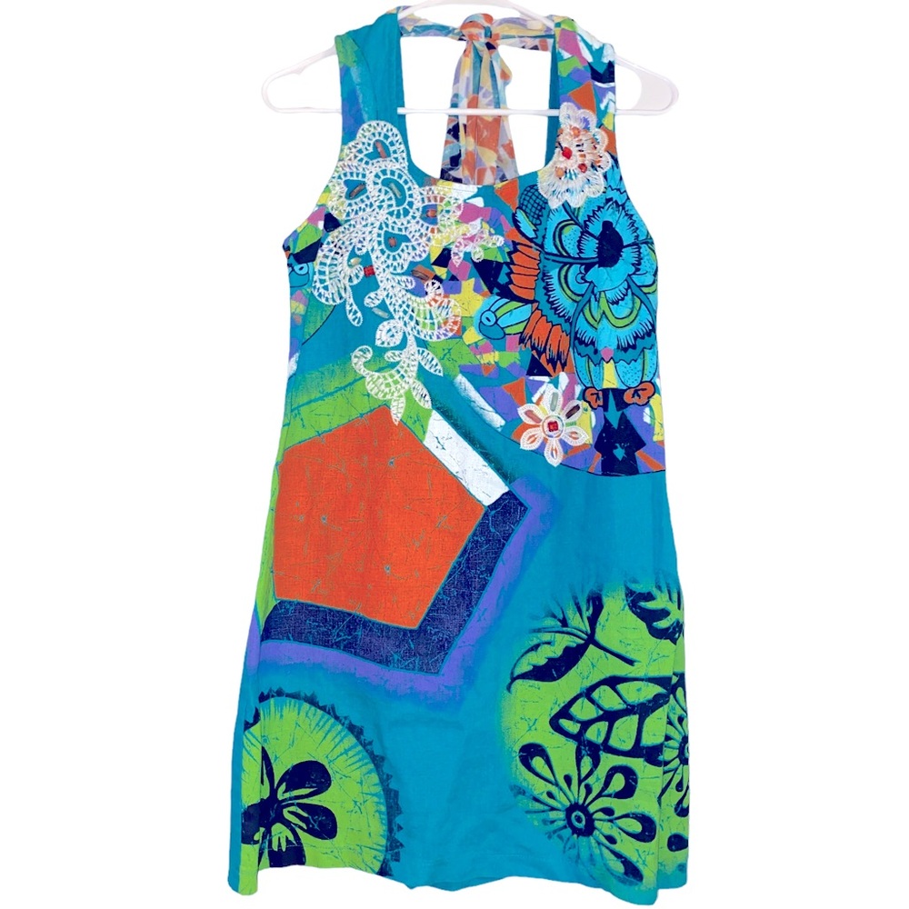 Triccoto Turquoise Blue Multi Abstract Embroidered Linen Dress Beach Cover Up